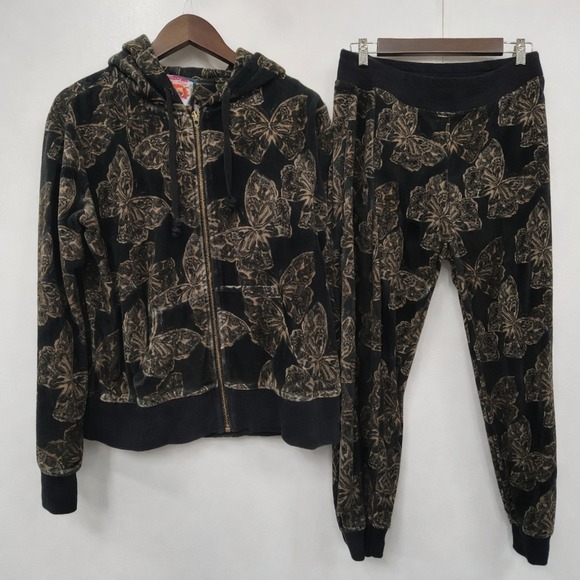Johnny Was Pants - Johnny Was Black Velvet Butterfly Zip Hoodie & Joggers Set